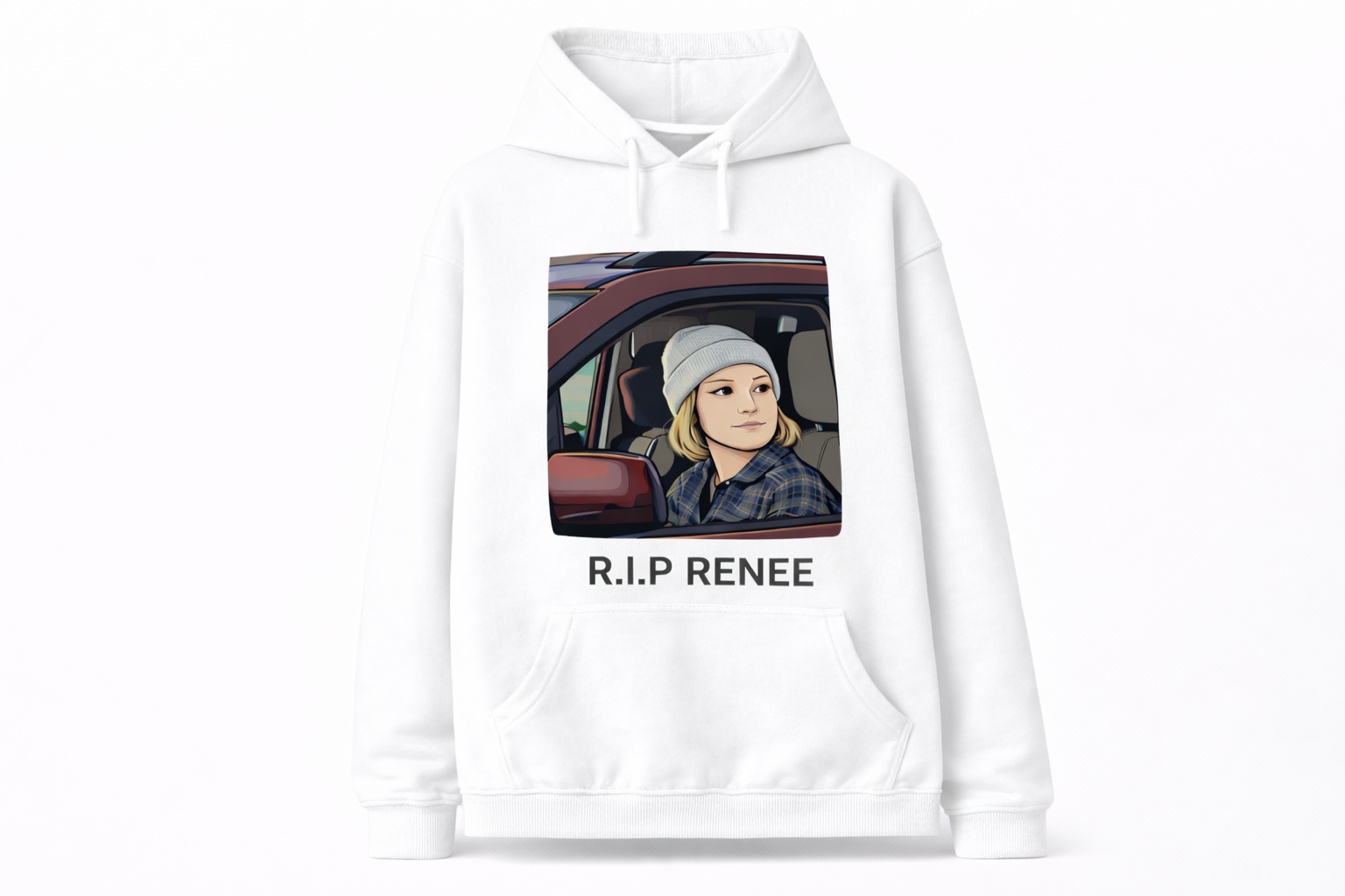 R.I.P Renee Colored In-Car Portrait Memorial Hoodie – Imitation Cotton Casual Hooded Regular Fit Top
