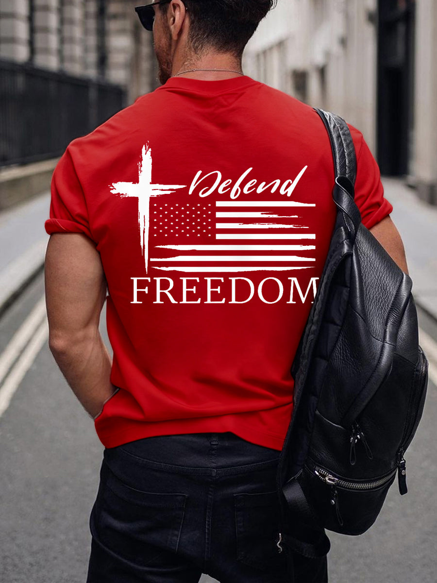 Men's Defend Freedom Charlie Kirk Cross Faith USA Flag Print Tee