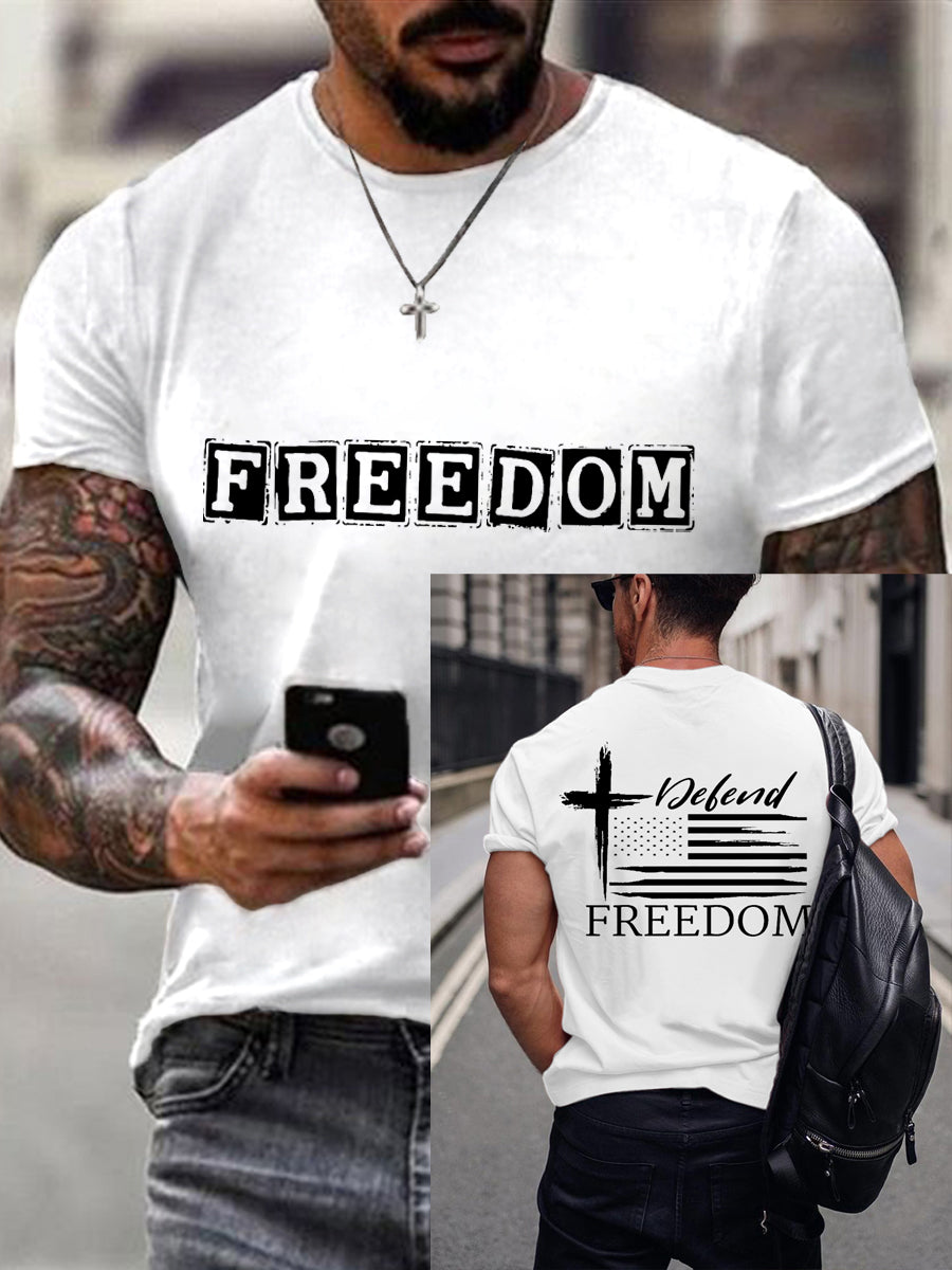 Men's Defend Freedom Charlie Kirk Cross Faith USA Flag Print Tee