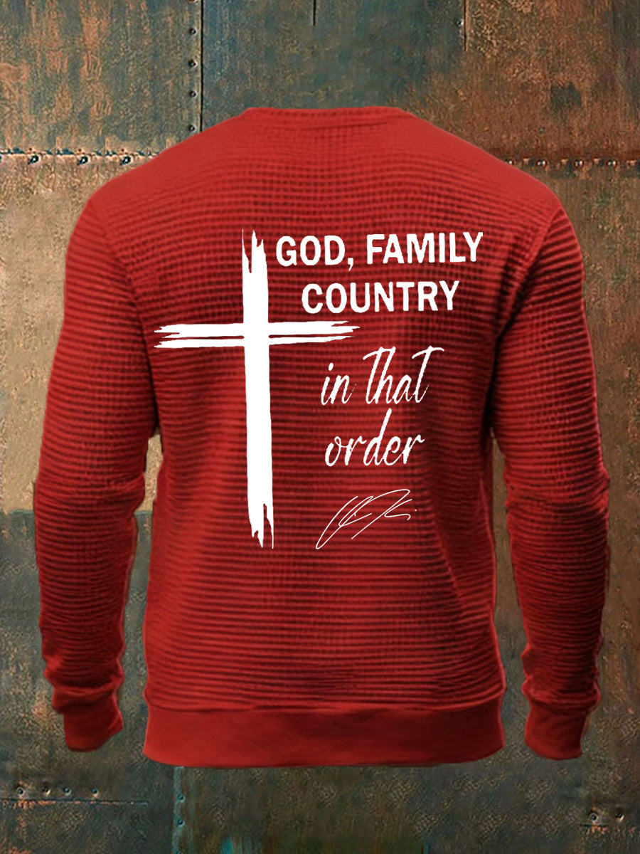 Men's God, Family, Country In That Order Charlie Kirk Print Waffle Long Sleeve Top